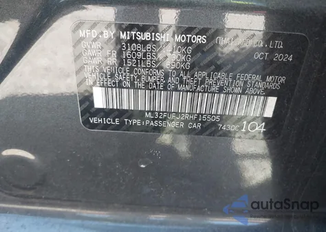 2024 Mitsubishi Mirage G4 Es from USA, damaged, VIN ML32FUFJ2RHF15505